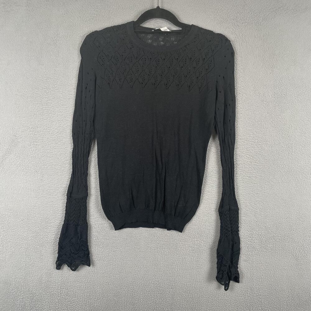 Cotton By Autumn Cashmere Sweater Pullover Womens S Black Open-Knit Bell Sleeve